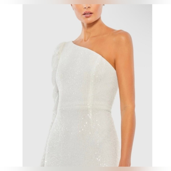 Mac Duggal Sparkling White One Shoulder Triumpet Long Sleeve Dress- HOMECOMING!! - Picture 4 of 12